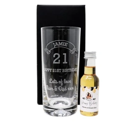 Image of Regalo Personalised Engraved Birthday Age Design Highball Glass &amp; Balloons Photo Miniature Alcohol Bottle Gift Set 18th 21st 30th (Spiced Rum/Cardboard Box) 35% vol