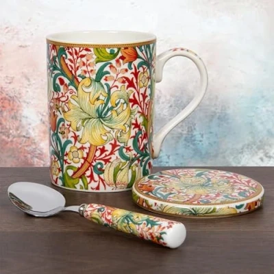 Image of lesser and pavey LP95102 Mug, Coaster, Spoon Set Golden Lily design of 3 Tableware, Multicolor