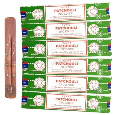 Image of Satya Nag Champa Patchouli incense sticks x6 pack with SAMASIA holder Used for Aromatherapy, Spa, Yoga, Weddings, Meditation, Healing, Positivity and Relaxation