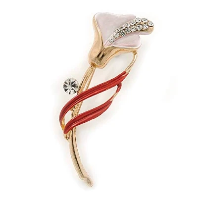 Image of Avalaya Delicate Pink/Coral Crystal Calla Lily Brooch in Gold Plating 55mm L
