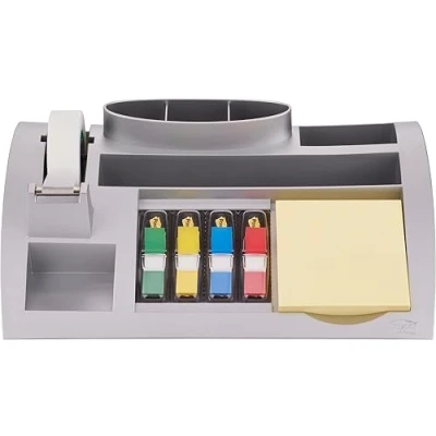 Image of Post it Desk Organizer, Silver Color For Improved Workflow with Notes Index Tabs and Scotch Tape, 1x Organiser pre loaded stationery supplies