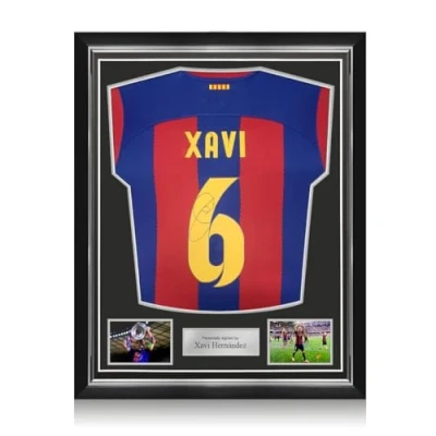 Image of Exclusive Memorabilia Xavi Hernandez Signed Barcelona 2023 24 Football Shirt. Superior Frame