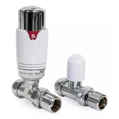 Image of Straight Thermostatic Radiator Valves TRV &amp; Lockshield Pack 15mm x 1/2&quot; Drayton TRV4 Style Chrome/White TCEM