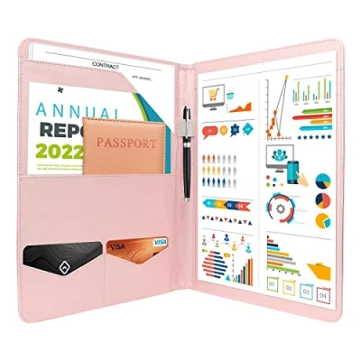 Image of NEWYES Conference Folder A4 Business Document Padfolio, Personal Organiser with Clipboard, File Sleeve, Card Holder, Pockets for Office Work (Pink)