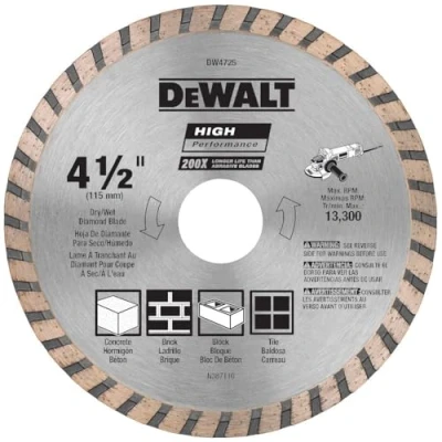 Image of DEWALT Diamond Blade for Masonry, Dry Cutting, Continuous Rim, 7/8 Inch Arbor, 4 1/2 (DW4725)