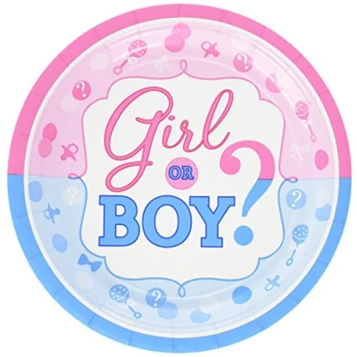 Image of (PKT) 8 Pack Gender Reveal Paper Plates Boy or Girl 18cm
