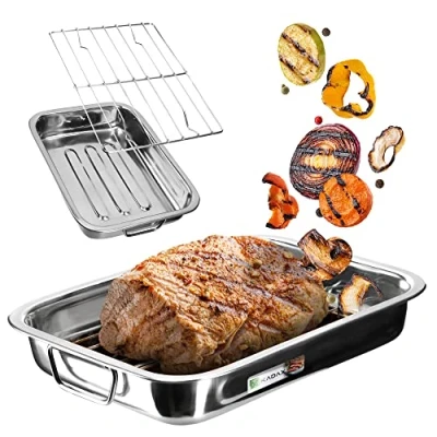 Image of KADAX Roasting Tin with Rack, Stainless Steel Roaster Handles for Oven, Rectangular Tray Turkey, Large Pan (35 x 26 6 cm, Silver)