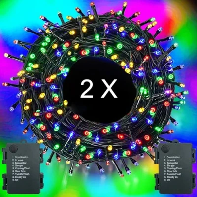 Image of 2 Pack Battery Fairy Lights, Total 33FT 100LED Outdoor Lights Operated with Timer, 9 Modes, Waterproof for Bedroom, Christmas Tree, Garden, Camping, Multicolour