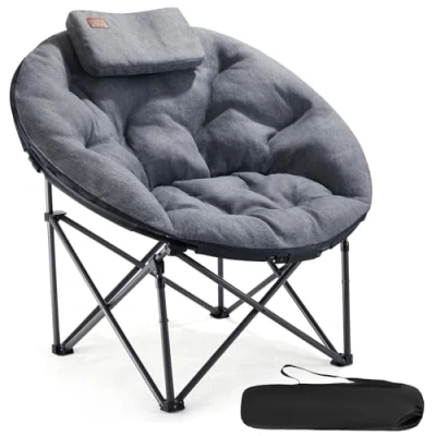 Image of EVER ADVANCED XL Moon Chair for Adults 6cm Padded Garden Saucer Chair, heavy Duty Camping Foldable Folding with High Back, Super Wide Round Seats people, supports 150KG Light grey