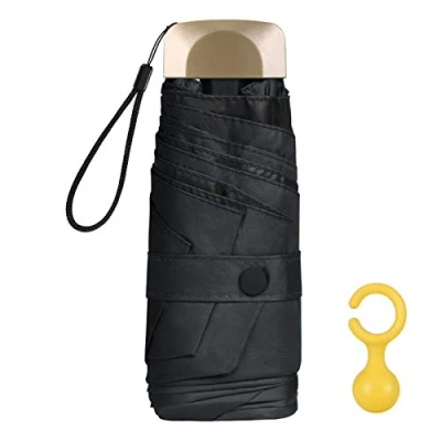 Image of Vicloon Mini Umbrella, Pocket Umbrella （Black） with Golden Handle, 210T Black Rubber Cloth &amp; 6 Aluminum Alloy Ribs, Foldable Compact Travel UPF&gt;50+ UV Resistance, Rain and Sun