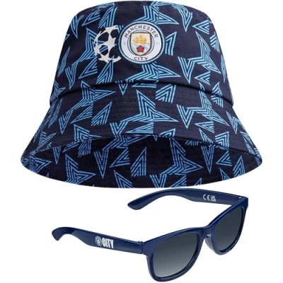 Image of MANCHESTER CITY F.C. Baseball Cap or Bucket Hat and Kids Sunglasses Set Summer Sun 100% UV Holiday Essentials Boys Gifts (Navy Bucket)