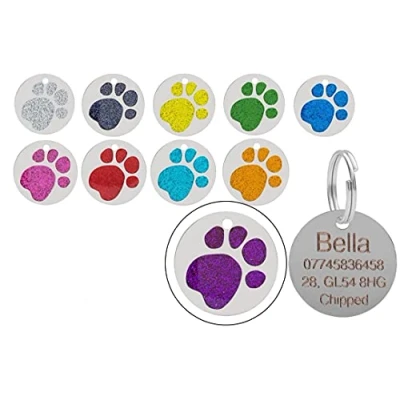 Image of JK Personalised Engraved Round Glitter Paw Print Dog/Cat Pet ID Tag Small/Large (25mm Standard, Purple)