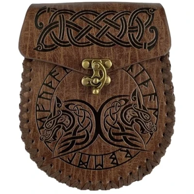 Image of HiiFeuer Nordic Embossed Belt Bag, Retro Medieval Faux Leather Side Pack, Vintage Portable Pouch for LARP Ren Faire (Fenrir)