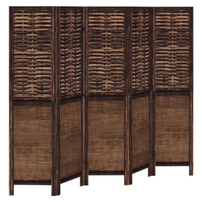 Image of vidaXL Room Divider Privacy Screen 5 Panel, Dark Brown Solid Paulownia Wood &amp; Willow Twig, Flexible Folding for Living Room/Bedroom/Office