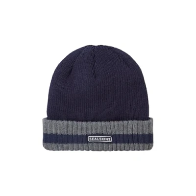 Image of Sealskinz Holkham Unisex Waterproof Cold Weather Striped Roll Cuff Beanie Hat for Everyday &amp; Outdoor Activities Warm Fleece Lining Three Layer Insulation Technology Navy