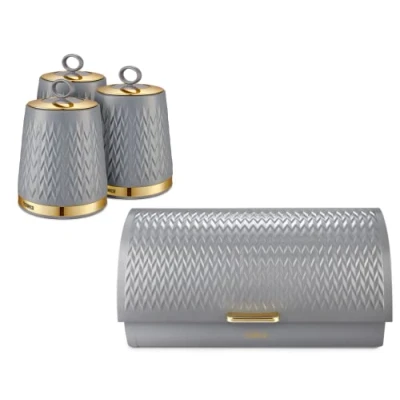 Image of Tower Empire Bread Bin &amp; Canisters Set in Grey with Brass Accents. Art Deco Design Kitchen Storage
