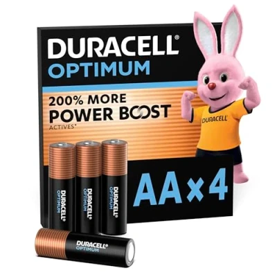 Image of Duracell Optimum AA Batteries (4 Pack) Alkaline 1.5V Up To 200% Extra Life or Power Meets Demands Of Modern Devices 100% Recyclable, 0% Plastic Packaging LR6 MX1500