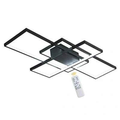 Image of Modern black LED Ceiling light, Dimmable with Remote Control, CCT Warm to Cold Built in board 80W, Metal Acrylic lamp, Night Light Function, Rectangle Living Room 90x50x9cm