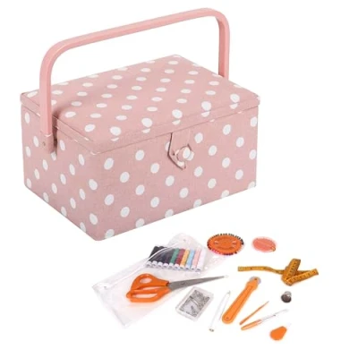 Image of Hobby Gift Filled Sewing Box Craft &amp; Storage, Basket with 94 Piece Kit Included, Medium, Spotty Pink, 18.5 x 25.5 14.5cm