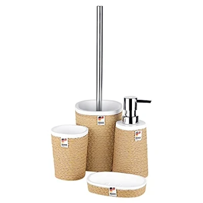 Image of URBNLIVING 4pc Brown Rope Wrap Ceramic Bathroom Accessory Dispenser Toilet Brush Set (One Of Each)