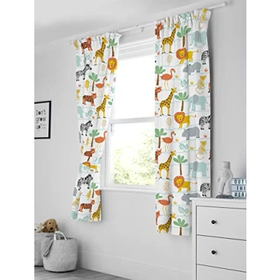 Image of Bloomsbury Mill Kids Curtains for Boys &amp; Girls Bedroom Safari Animals Lined Curtain Pair with Tiebacks Nursery Childrens or Baby Room Neutral 66X72 inch drop (168x183cm)
