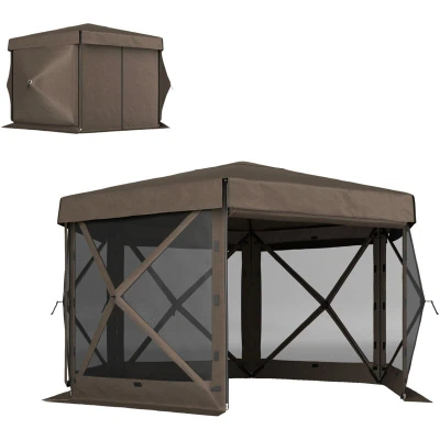 Image of Outsunny 3 x (m) Hexagon Pop Up Gazebo with 5 Sides Netting Brown 84C 644V00BN