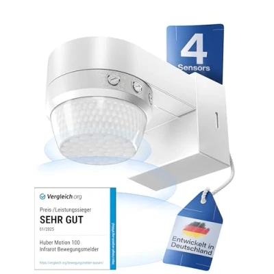 Image of HUBER Motion 100 Infrared Sensor 360 with 4 Sensors and Fresnel Lens IP65 LED Suitable I Includes Anti Creep Protection &amp; Area Limiting, Wall/Ceiling Mounting, Grey