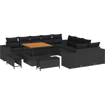 Image of vidaXL 13 Piece Garden Sofa Set with Cushions Black Poly Rattan Acacia