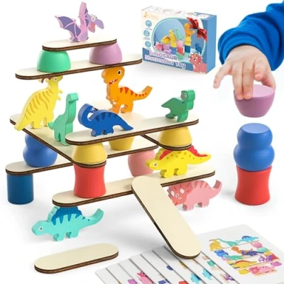 Image of Montessori Dinosaur Toys for 1 2 3 4 Year Old Toddlers, Preschool Education Ages Boys Girls Kids, Wooden Blocks Sorting &amp; Stacking Balance Toys, Educational Birthday Gift