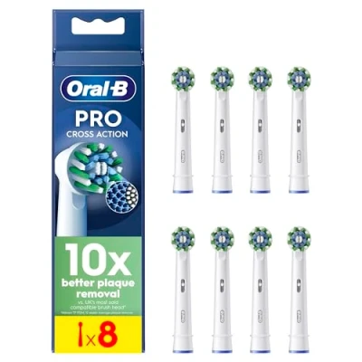 Image of Oral B Pro Cross Action Electric Toothbrush Head, X Shape and Angled Bristles for Deeper Plaque Removal, Pack of 8 Heads, White