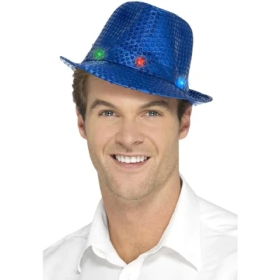 Image of Smiffys Light Up Sequin Trilby Hat, Blue with Multi Function LED Lights, Party &amp; Carnival Fancy Dress, Dress Hats