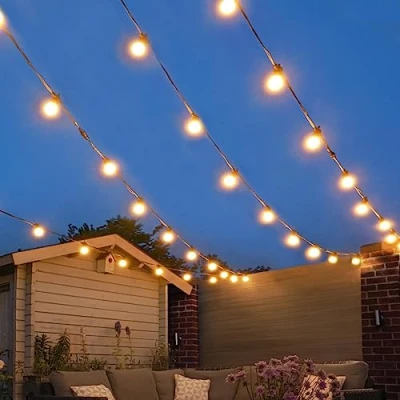 Image of Festive Lights ConnectPro® Outdoor Mains Powered Connectable Festoon IP65 Black Rubber Cable, Warm White Frosted Bulbs SMD LED Garden Wedding Christmas Decorative Lighting 20m with Plug