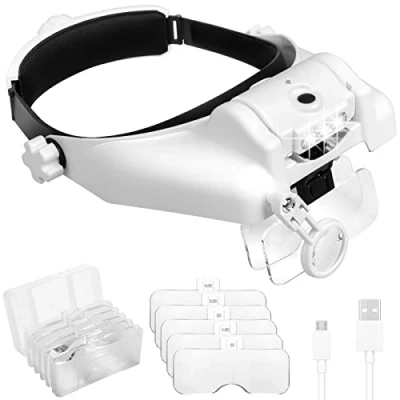 Image of Headband Magnifier Glasses, Lpluziyyds 1X to 14X Rechargeable Head with LED Light, Handsfree Mount Magnifying Glass 6 Detachable Lens for Close Work Reading Jewelry Crafts Repair