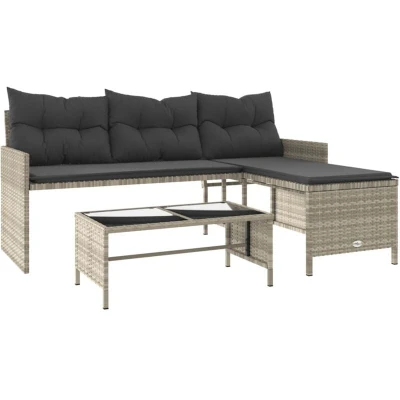 Image of vidaXL L Shaped Garden Sofa Set with Cushions and Glass Top Table Poly Rattan Light Grey Patio Furniture for Outdoor, Garden, Deck