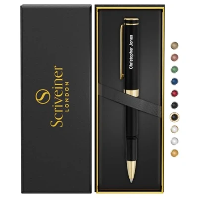 Image of Scriveiner Personalised Black Rollerball EDC Pen, Stunning Pocket Pen with 24K Gold Finish, Cool Writing Best Gift, Engraved Roller Ball Gift Set for Men &amp; Women, Custom Name Engraving