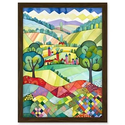 Image of Artery8 English Countryside Rural Landscape Folk Art Watercolour Painting Artwork Framed A3 Wall Print