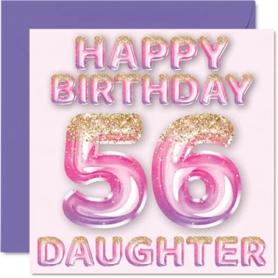 Image of 56th Birthday Card for Daughter Pink &amp; Purple Glitter Balloons Happy Cards 56 Year Old from Mum Dad Parents, 145mm x Bday Greeting Gift