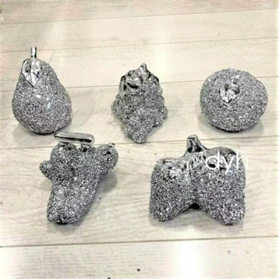 Image of 5pc Silver Crushed Diamond Sparkly Fruits Apple Pear Figurine Grape Banana Bling (Set of 5)