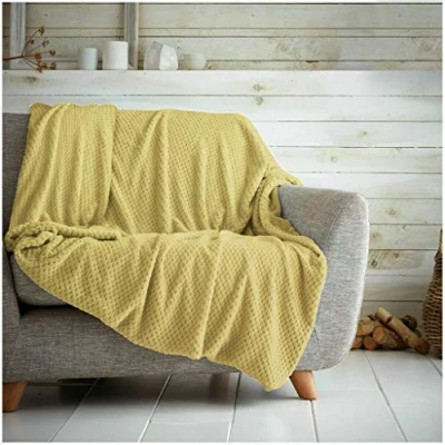 Image of Waffle Honeycomb Throw Blanket Soft Warm Over Sofa Bed Travel Bedspread (Ochre Yellow, Double 150 x 200cm)