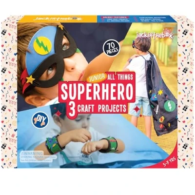 Image of jackinthebox Superhero DIY Costume Art and Craft Kit, Make a Cape, Mask Cuffs, Best Gift for Boys Ages 5 6 7 8 Years, 3 Projects in 1 Box