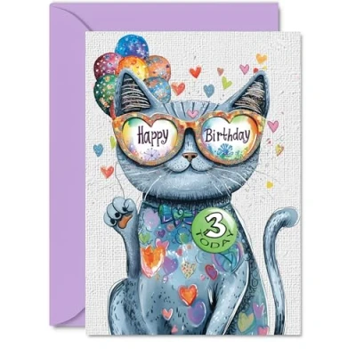 Image of 3rd Birthday Card Girl Purrfect Cat Balloons for 3 Year Old Girl, Age Girls Cards, A5 Cats Greeting