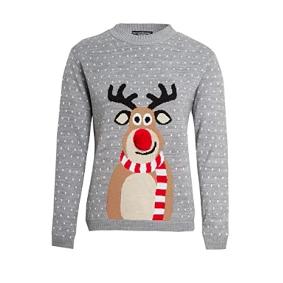 Image of Boys Girls Kids Children Unisex Christmas Xmas Knitted Novelty, Retro, Elf, Football Jumper Sweater (as8, Age, 11_Years, 12_Years, Regular, 3D Rudolph Grey, 11 12 Years)