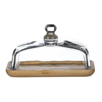 Image of Rectangular Cake Stand,Cake Plate Server Platter with Lid,7&quot; Wood Stand Glass Cover,Cupcake Display Plate,Sandwich Holder Base, Donut Dessert