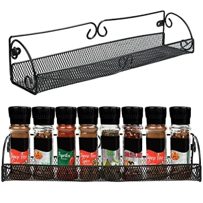 Image of BELLE VOUS Black Wall Mounted Kitchen Spice Storage Rack (2 Pack) Single Tier Hanging Organiser Shelf Style Racks for Jars and Seasoning Space Saving Holder Cupboard Doors &amp; Pantry Cabinet