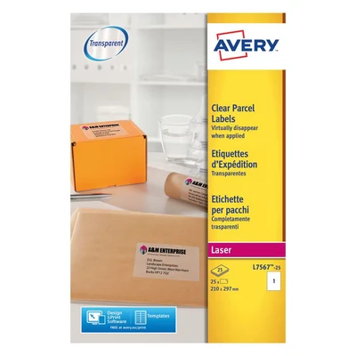 Image of Avery Printable, Customisable Clear Parcel Shipping Labels, Laser Printers, 1 Label per A4 Sheet, 25 QuickPEEL (L7567) Transparent 210 x 297 mm L7567