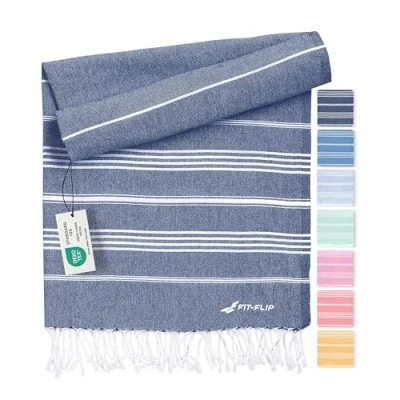 Image of Fit Flip hammam towel beach XXL made from 100% recycled cotton Quick drying Turkish towels, fouta, pestemal towels ideal as a blanket Navy 100x200cm Sultan