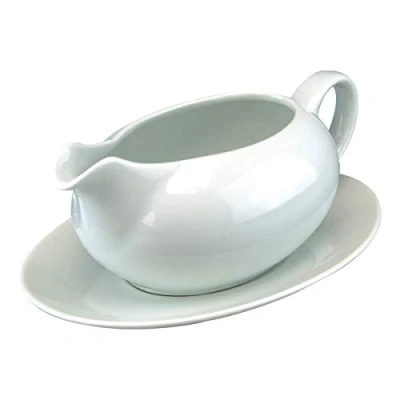 Image of apollo THE HOUSEWARES BRAND Gravy Boat with Saucer 550ml, Serving Jug for Gravy, Sauce, Custard, Porcelain, White