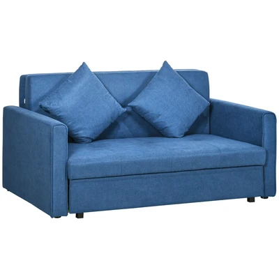 Image of HOMCOM 2 Seater Sofa Bed, Convertible Bed Settee, Modern Fabric Loveseat Couch with Cushions, Hidden Storage for Living Room, Guest Deep Blue