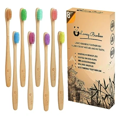 Image of Lamcy Bamboo Toothbrushes for Adults with Medium Bristles Pack of 8 Natural Toothbrush Eco Friendly Wooden Organic Biodegradable Handle BPA Free Tooth Brushes