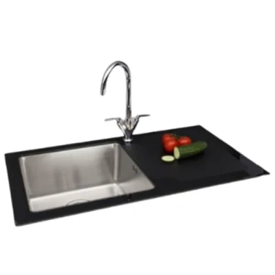 Image of ARA CHOICE Black Reflection Kitchen Undermount Sink Glass Compact Catering Single One Square Bowl Modern Reversible with Drainer &amp; Inset Plumbing Wastes Set (Right Hand Drainer)